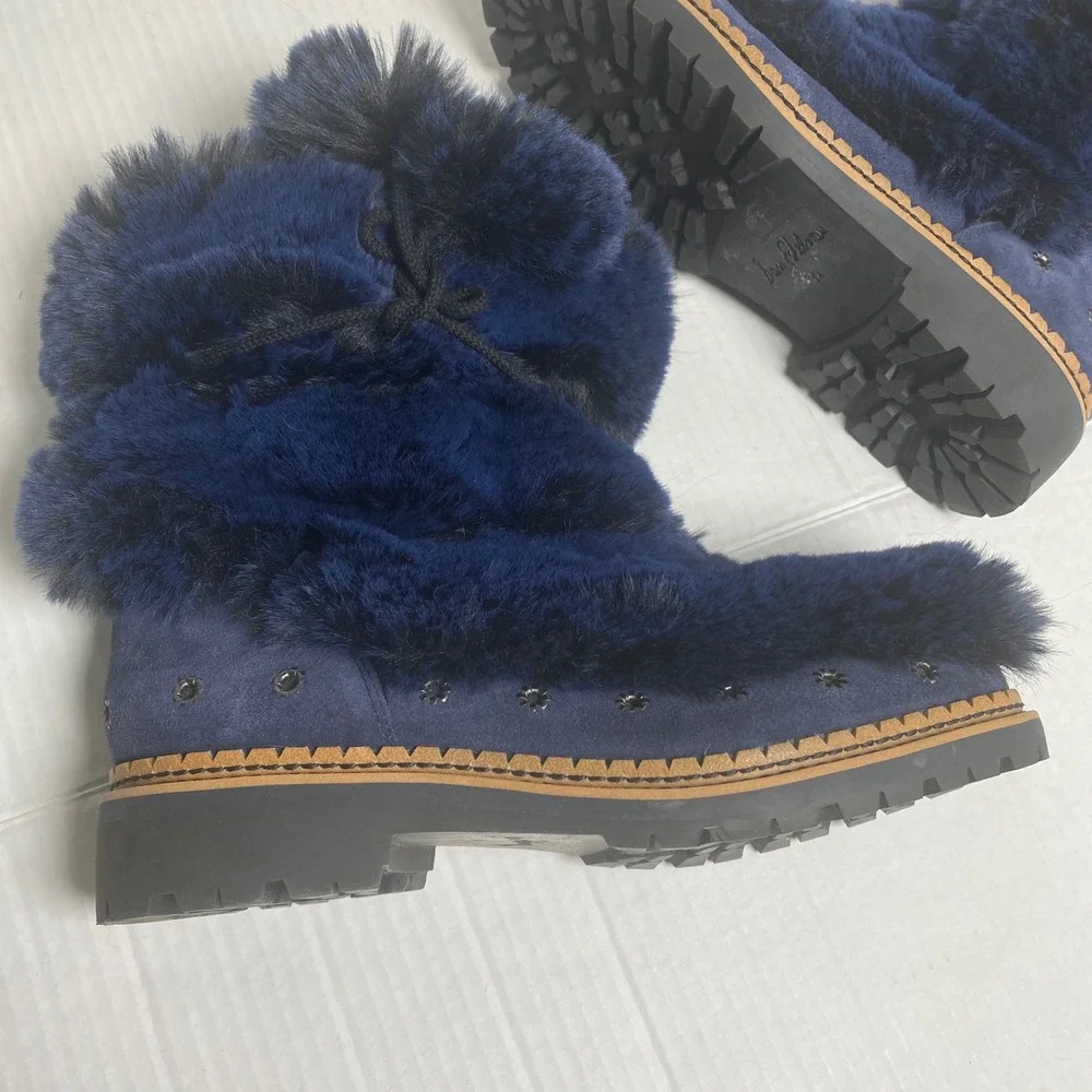 Sam Edelman‎ Navy Blue Faux Fur Pom Pom Lug Sole Ankle Boots Womens 8.5M Cozy